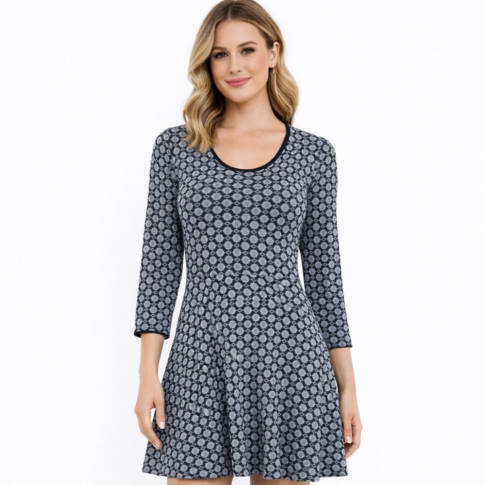 Boden Size 4R Glamorous Metallic Knit Dress Blue Geometric‎ Print Long Sleeves